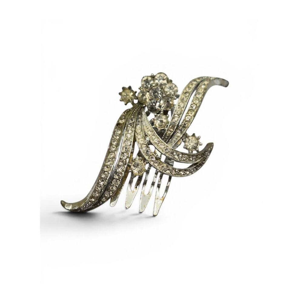 Vintage Rhinestone Hair Comb Silver Tone Floral Spray Hair Accessory